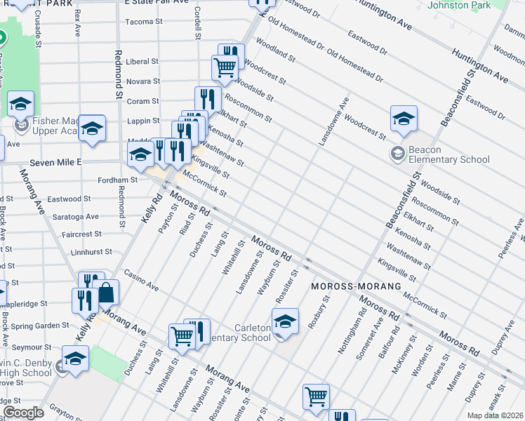map of restaurants, bars, coffee shops, grocery stores, and more near 18955 McCormick Street in Detroit