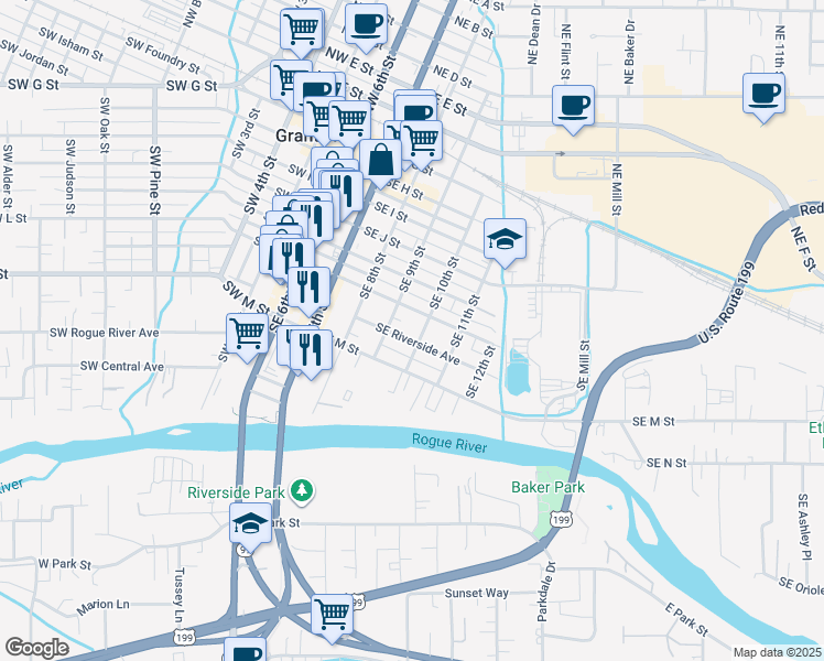 map of restaurants, bars, coffee shops, grocery stores, and more near 709 Southeast 9th Street in Grants Pass