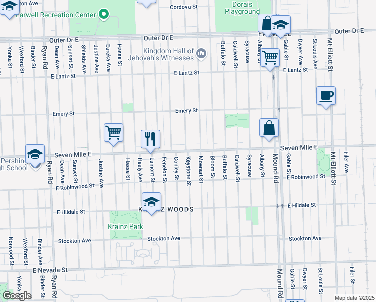 map of restaurants, bars, coffee shops, grocery stores, and more near E 7 Mile Rd & Keystone St in Detroit
