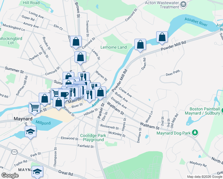 map of restaurants, bars, coffee shops, grocery stores, and more near 20 Powder Mill Road in Maynard
