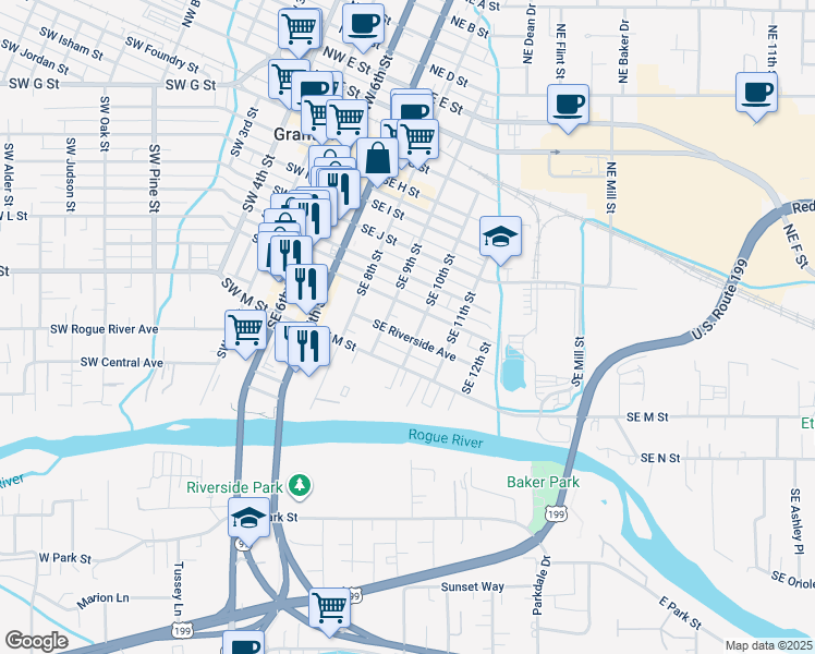 map of restaurants, bars, coffee shops, grocery stores, and more near 709 Southeast 9th Street in Grants Pass