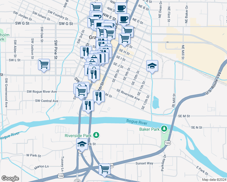 map of restaurants, bars, coffee shops, grocery stores, and more near 803 Southeast 8th Street in Grants Pass