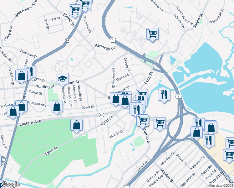 map of restaurants, bars, coffee shops, grocery stores, and more near 107 Lawrence Street in Malden