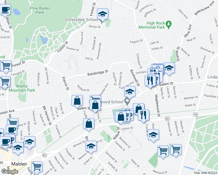 map of restaurants, bars, coffee shops, grocery stores, and more near 76 Granville Avenue in Malden