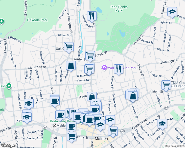 map of restaurants, bars, coffee shops, grocery stores, and more near 46 Orient Street in Malden
