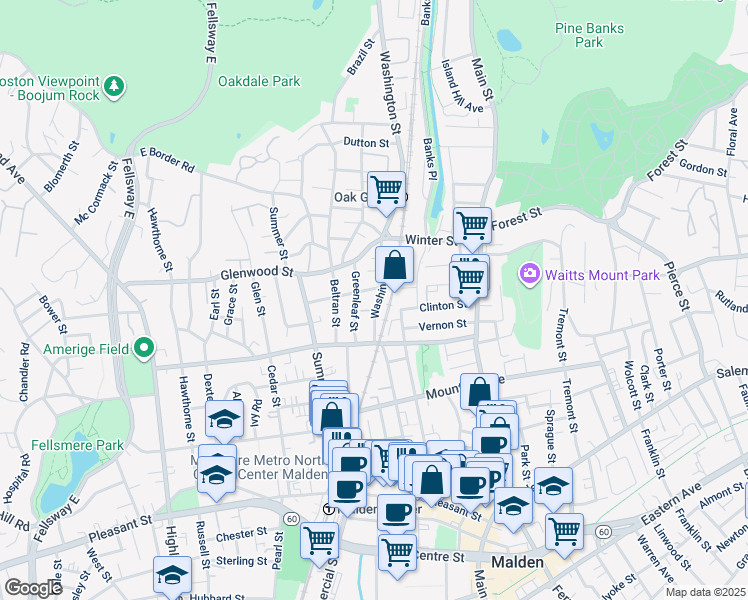 map of restaurants, bars, coffee shops, grocery stores, and more near 39 Greenleaf Street in Malden