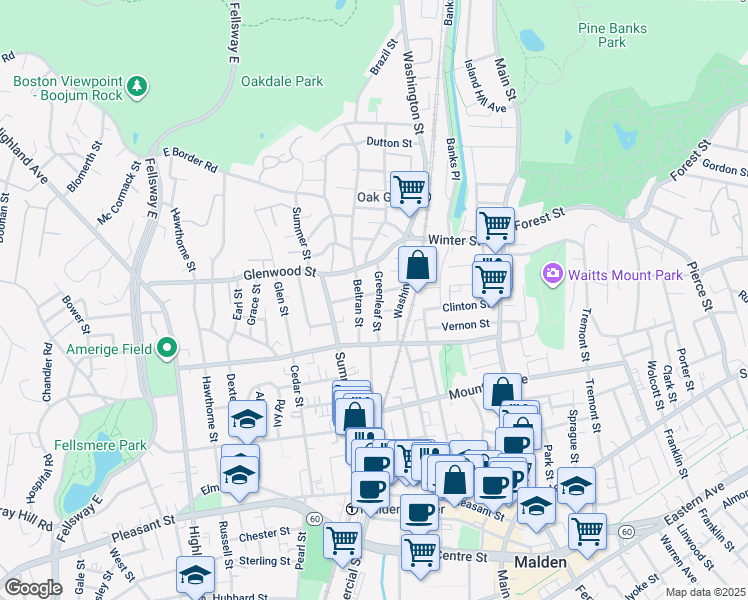 map of restaurants, bars, coffee shops, grocery stores, and more near 39 Greenleaf Street in Malden