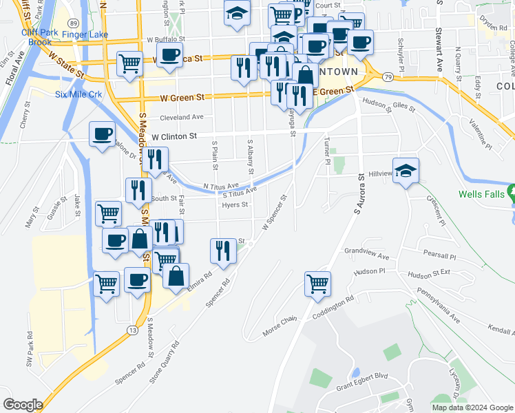map of restaurants, bars, coffee shops, grocery stores, and more near 514 South Albany Street in Ithaca