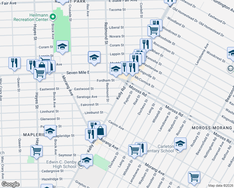 map of restaurants, bars, coffee shops, grocery stores, and more near 18811 Kelly Road in Detroit