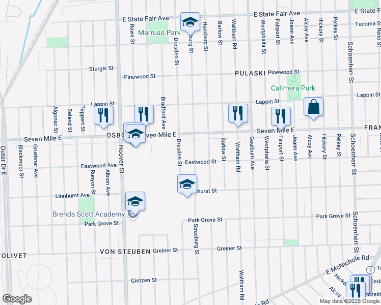 map of restaurants, bars, coffee shops, grocery stores, and more near 18946 Dresden Street in Detroit