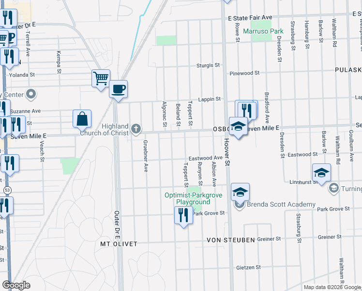 map of restaurants, bars, coffee shops, grocery stores, and more near 18971 Teppert Street in Detroit
