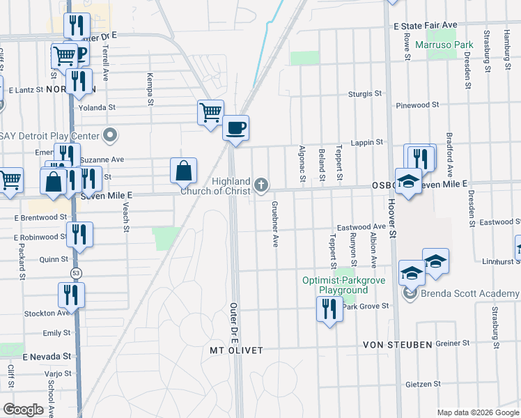 map of restaurants, bars, coffee shops, grocery stores, and more near 18983 Blackmoor Street in Detroit