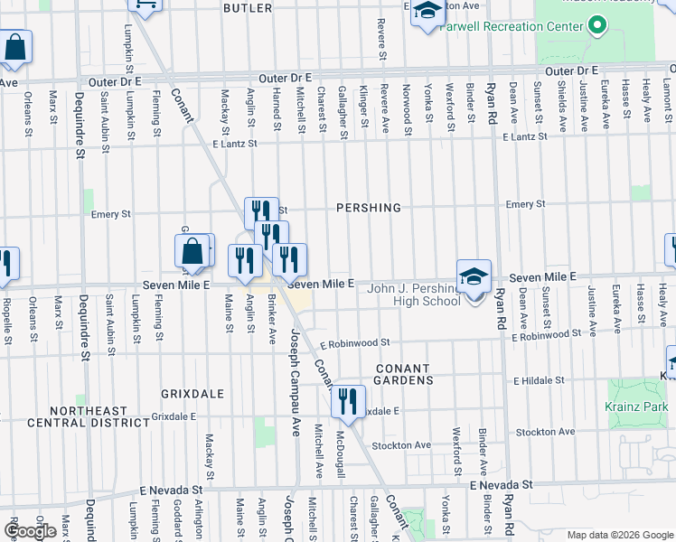 map of restaurants, bars, coffee shops, grocery stores, and more near 19131 Charest Street in Detroit