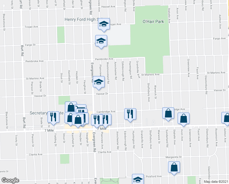map of restaurants, bars, coffee shops, grocery stores, and more near 19400 Westmoreland Road in Detroit