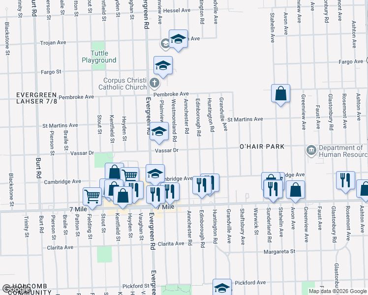map of restaurants, bars, coffee shops, grocery stores, and more near 19400 Westmoreland Road in Detroit