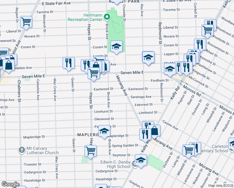 map of restaurants, bars, coffee shops, grocery stores, and more near 15451 Saratoga Avenue in Detroit