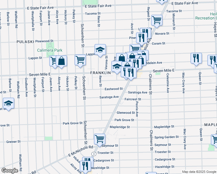 map of restaurants, bars, coffee shops, grocery stores, and more near 13851 Eastwood Street in Detroit