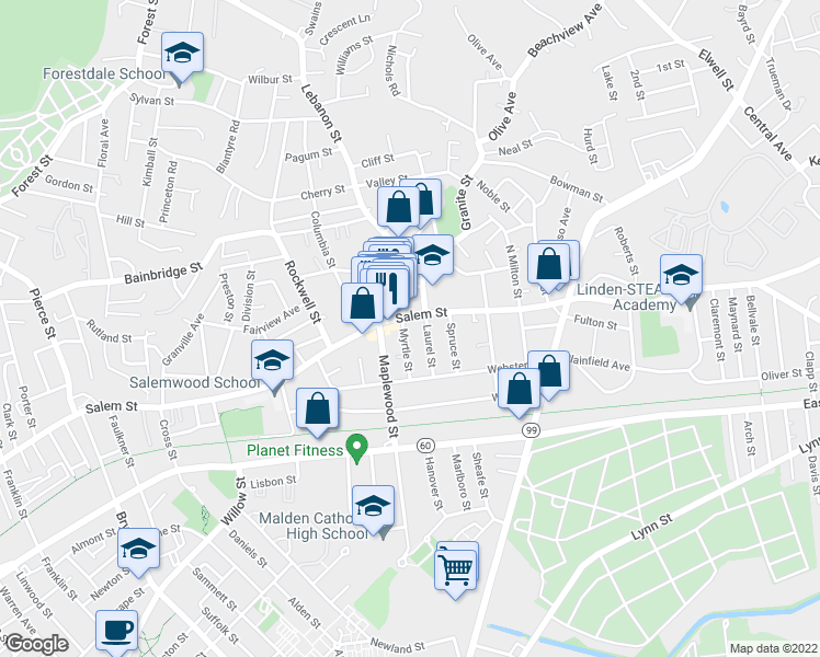 map of restaurants, bars, coffee shops, grocery stores, and more near 14 Myrtle Street in Malden