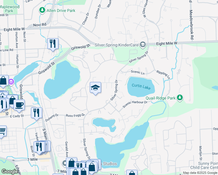 map of restaurants, bars, coffee shops, grocery stores, and more near 42687 Savoy Court in Northville