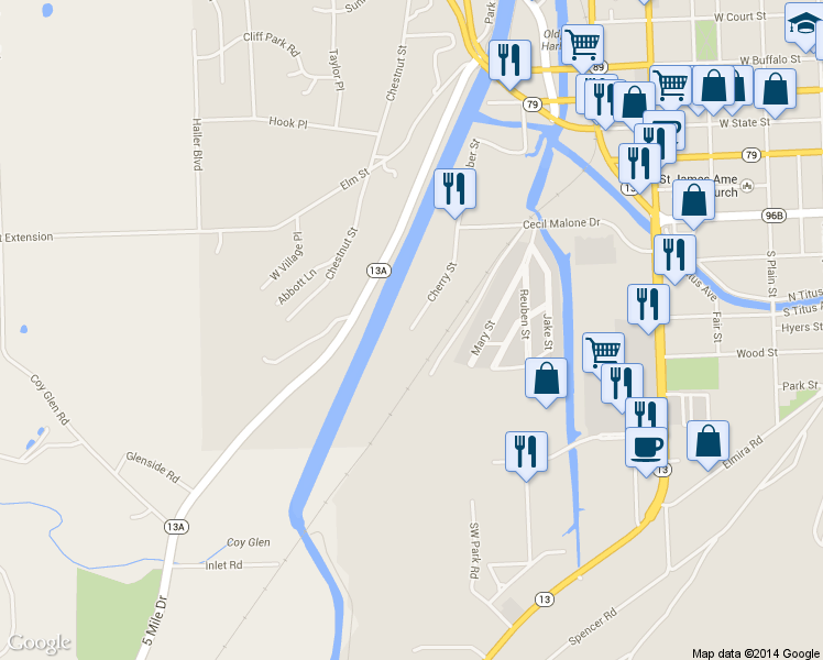 map of restaurants, bars, coffee shops, grocery stores, and more near 298 Cherry St in Ithaca
