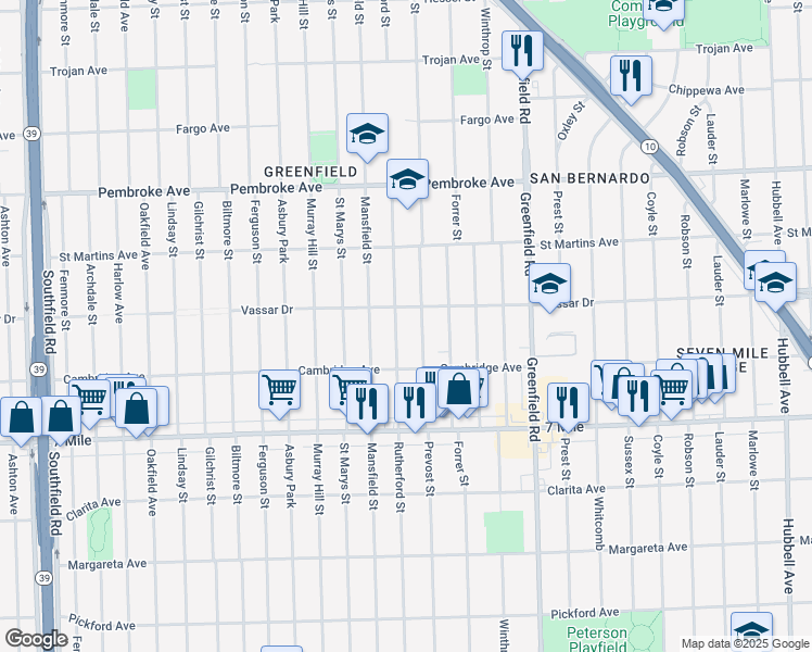map of restaurants, bars, coffee shops, grocery stores, and more near 19358 Rutherford Street in Detroit