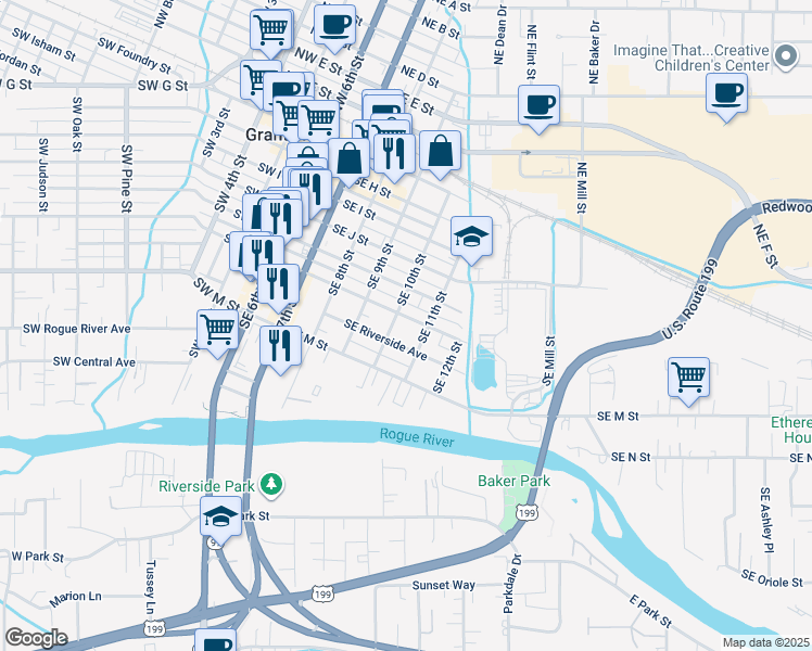map of restaurants, bars, coffee shops, grocery stores, and more near 509 Southeast L Street in Grants Pass