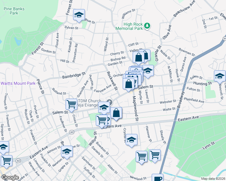 map of restaurants, bars, coffee shops, grocery stores, and more near 41 Fairview Terrace in Malden