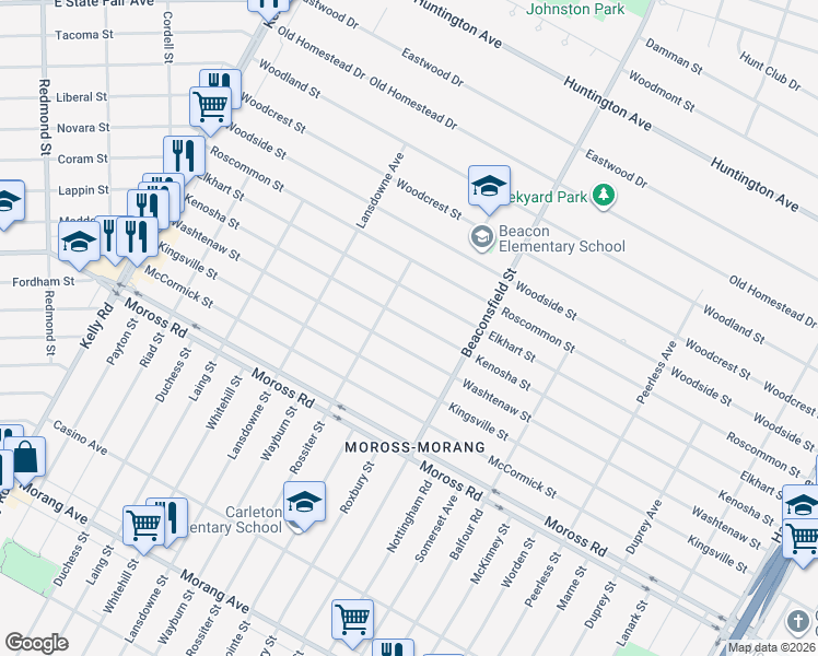 map of restaurants, bars, coffee shops, grocery stores, and more near 19356 Kenosha Street in Harper Woods
