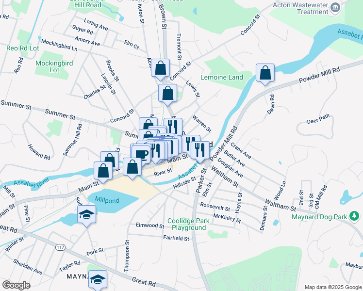 map of restaurants, bars, coffee shops, grocery stores, and more near 9A B Summer Street in Maynard