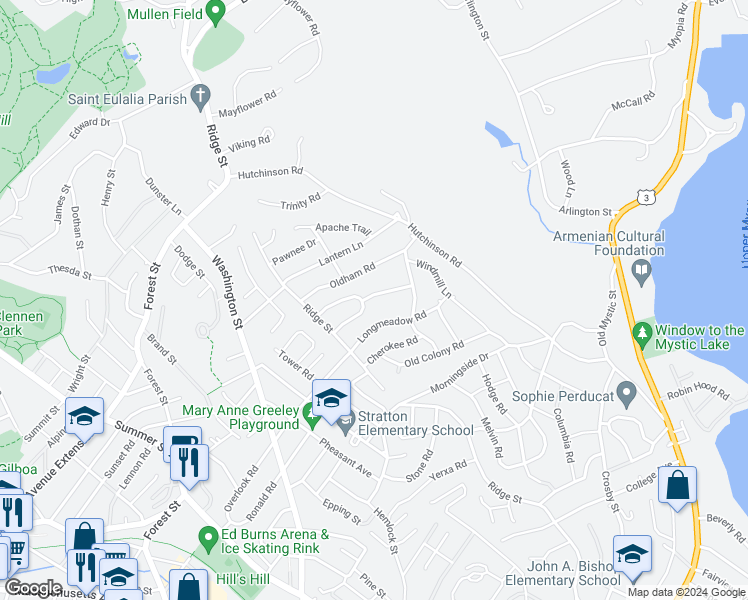 map of restaurants, bars, coffee shops, grocery stores, and more near 20 Foxmeadow Lane in Arlington
