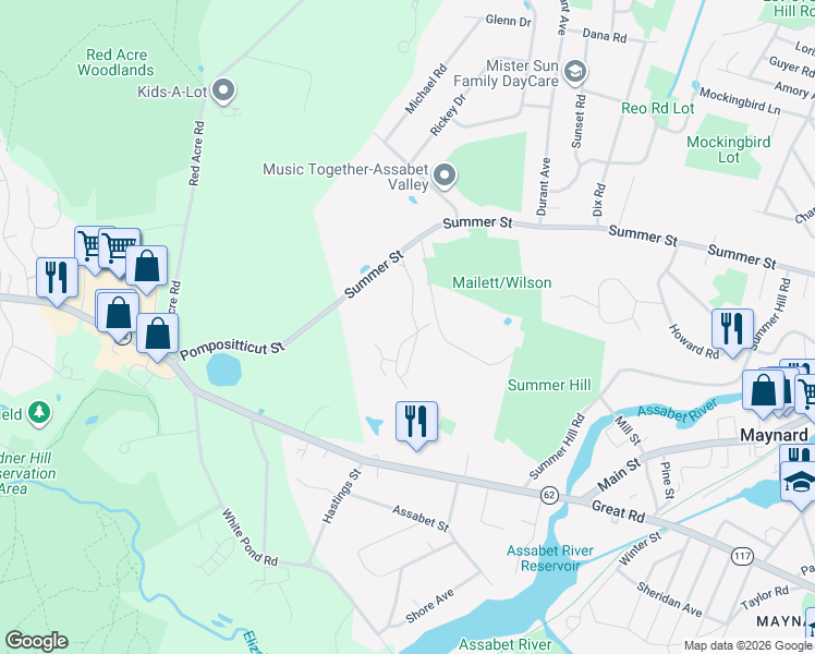 map of restaurants, bars, coffee shops, grocery stores, and more near 2 Apple Ridge Road in Maynard