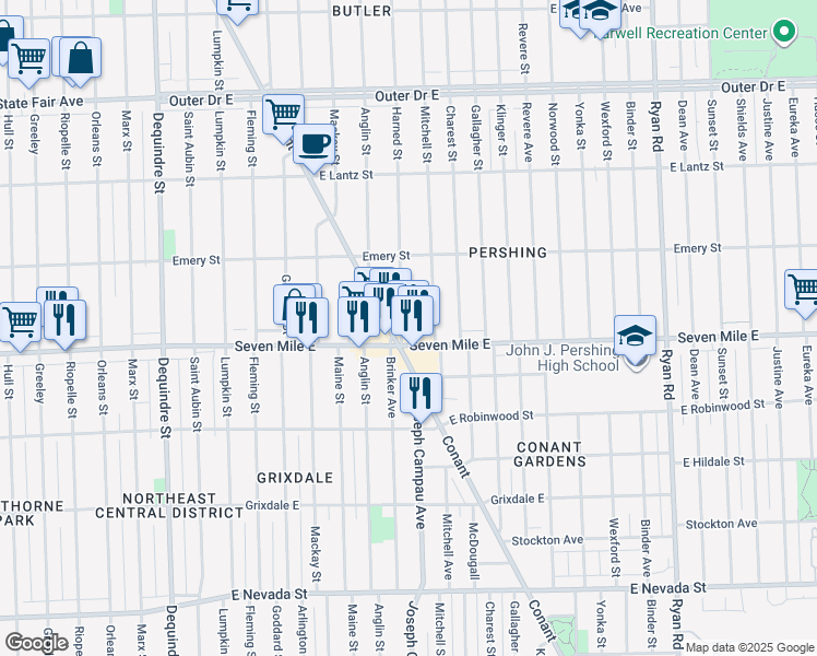 map of restaurants, bars, coffee shops, grocery stores, and more near 19130 Harned Street in Detroit