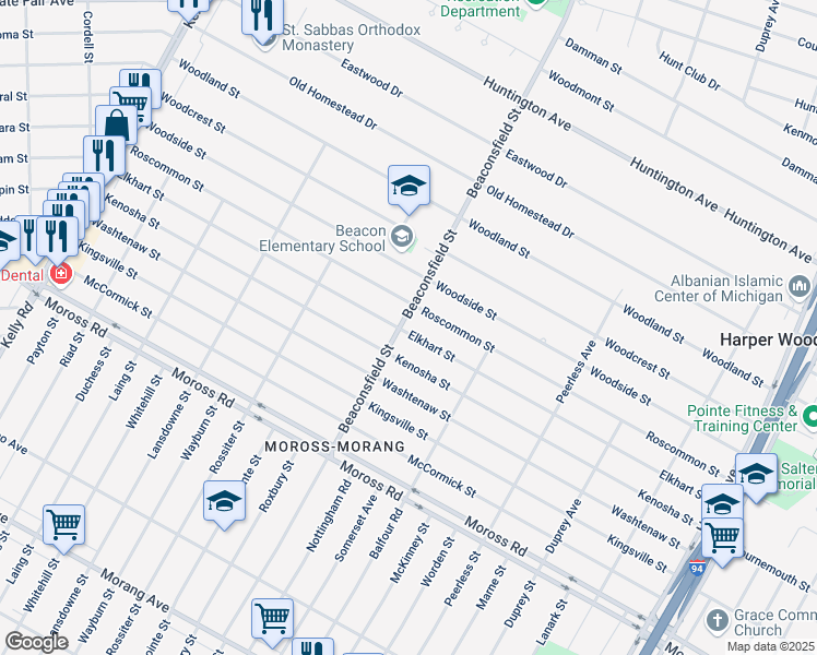 map of restaurants, bars, coffee shops, grocery stores, and more near 19358 Beaconsfield Street in Harper Woods