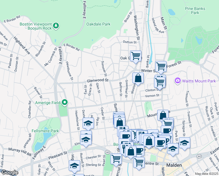 map of restaurants, bars, coffee shops, grocery stores, and more near 55 Bartlett Street in Malden