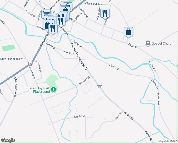 map of restaurants, bars, coffee shops, grocery stores, and more near 204 Water Street in Fredonia