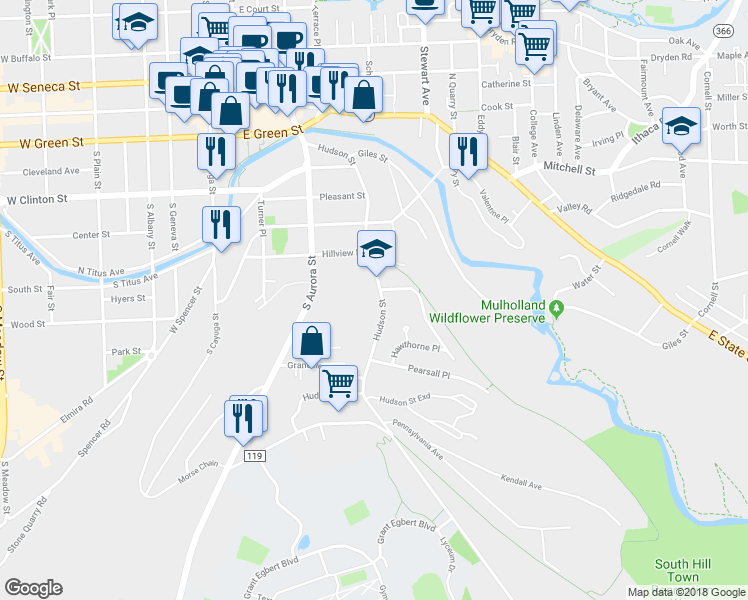 map of restaurants, bars, coffee shops, grocery stores, and more near 530 Hudson St in Ithaca