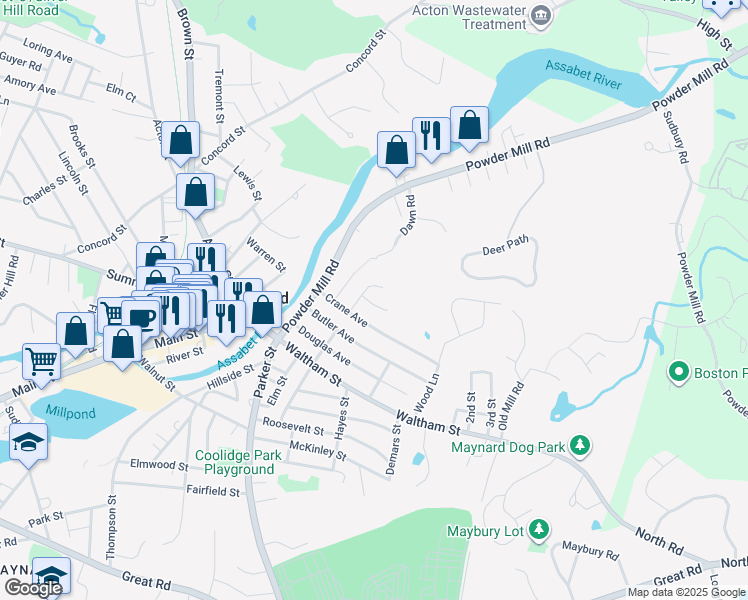 map of restaurants, bars, coffee shops, grocery stores, and more near 2 Russell Avenue in Maynard