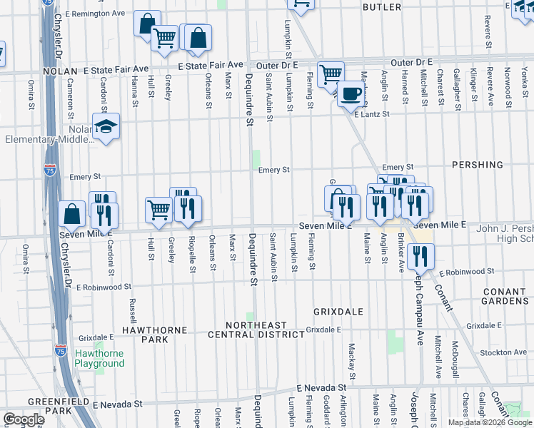 map of restaurants, bars, coffee shops, grocery stores, and more near 19131 Saint Aubin Street in Detroit