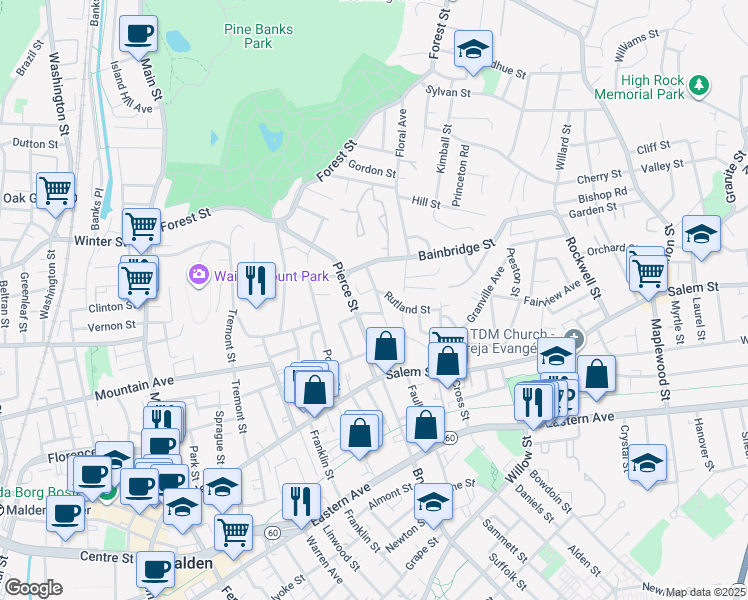 map of restaurants, bars, coffee shops, grocery stores, and more near 75 Plymouth Road in Malden