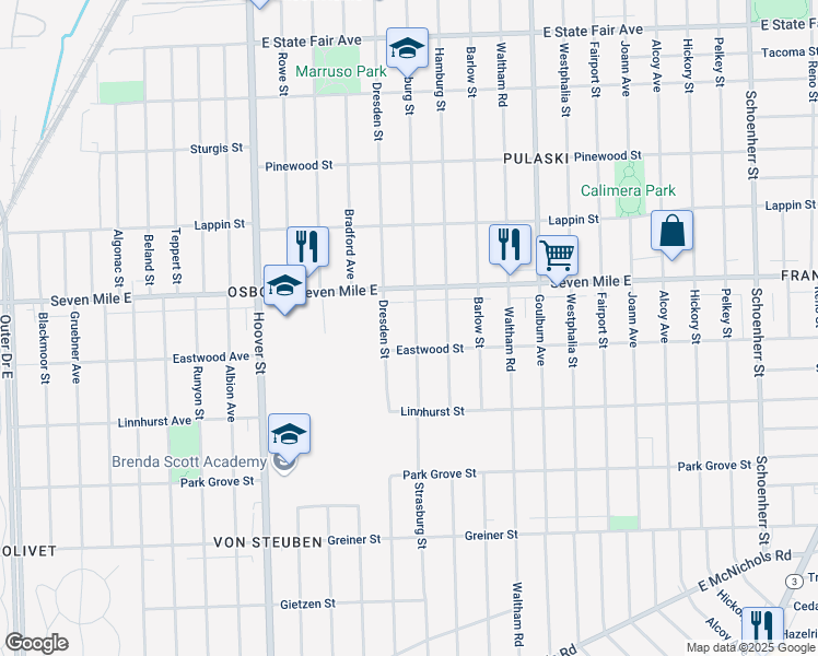 map of restaurants, bars, coffee shops, grocery stores, and more near 18946 Strasburg Street in Detroit