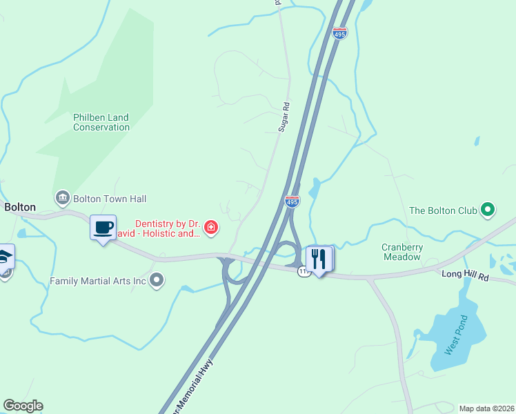 map of restaurants, bars, coffee shops, grocery stores, and more near 42 Sugar Road in Bolton
