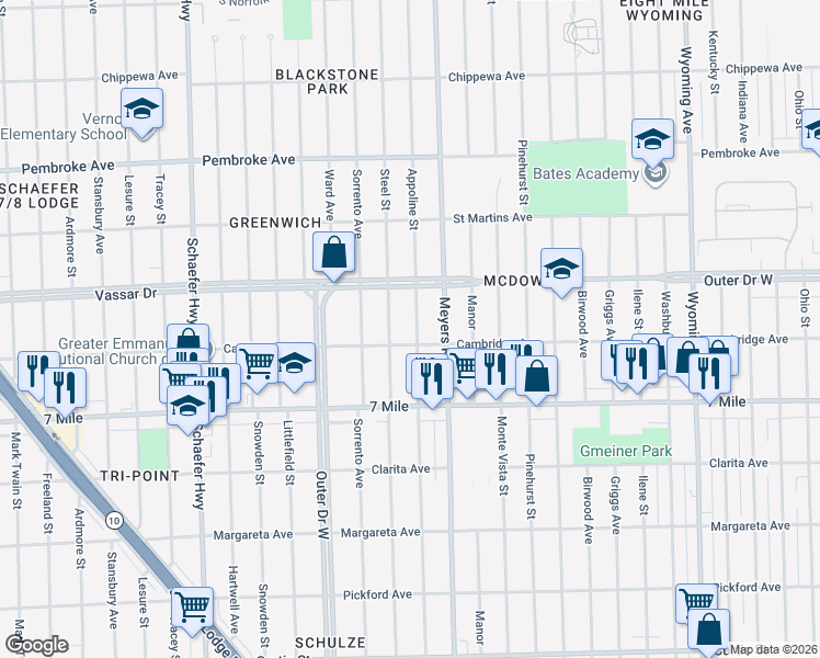 map of restaurants, bars, coffee shops, grocery stores, and more near 19315 Appoline Street in Detroit