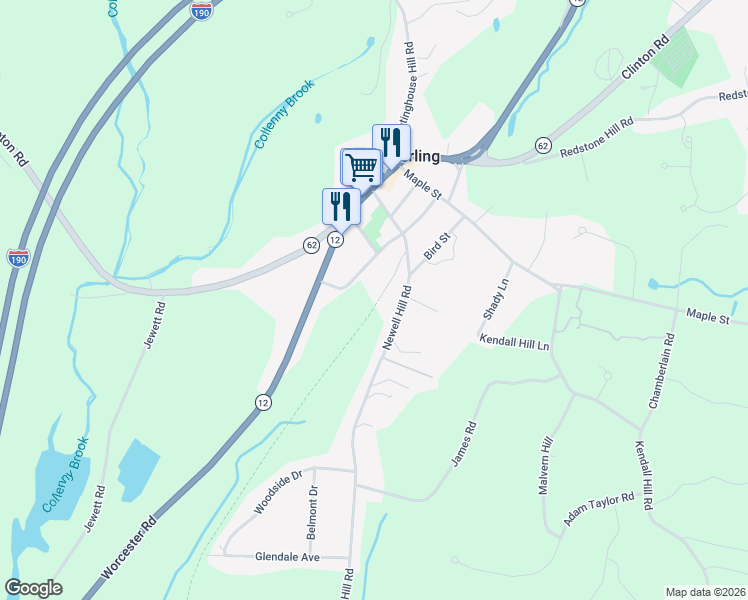 map of restaurants, bars, coffee shops, grocery stores, and more near 17 Waushacum Avenue in Sterling