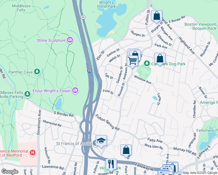 map of restaurants, bars, coffee shops, grocery stores, and more near 14 Draper Street in Medford