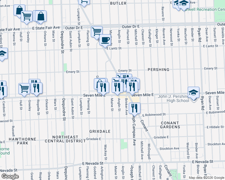 map of restaurants, bars, coffee shops, grocery stores, and more near 19131 Anglin Street in Detroit