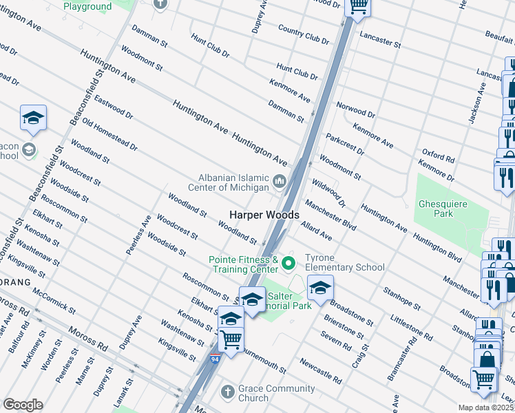 map of restaurants, bars, coffee shops, grocery stores, and more near 20665 Old Homestead Dr in Harper Woods