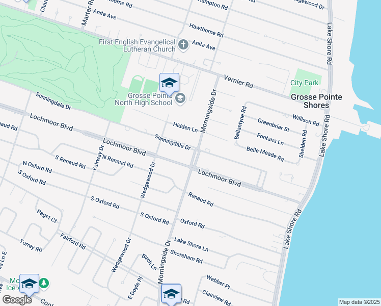 map of restaurants, bars, coffee shops, grocery stores, and more near 633 Sunningdale Drive in Grosse Pointe Woods