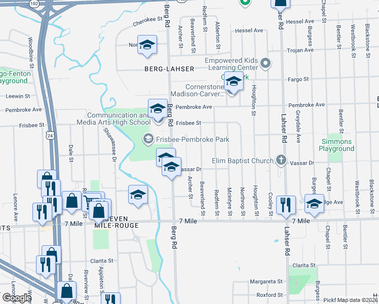 map of restaurants, bars, coffee shops, grocery stores, and more near 19474 Archer Street in Detroit