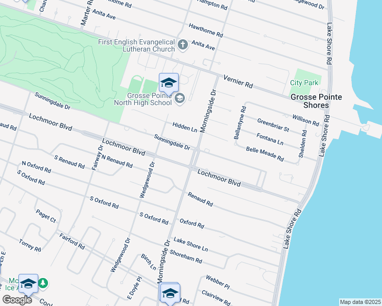 map of restaurants, bars, coffee shops, grocery stores, and more near 633 Sunningdale Drive in Grosse Pointe Woods
