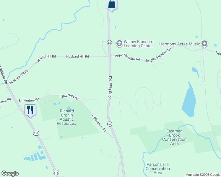 map of restaurants, bars, coffee shops, grocery stores, and more near 37 Long Plain Road in Amherst